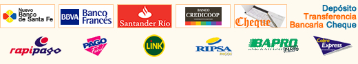 DEP&Oacute;SITO o TRANSFERENCIA BANCARIA (Nuevo Banco de Santa Fe, Banco Santander Rio, BBVA Banco Franc&eacute;s, Banco Credicoop), CUP&Oacute;N DE PAGO (Rapi Pago, Pago F&aacute;cil, Cobro Express, Ripsa, Bapro Pagos) CHEQUE